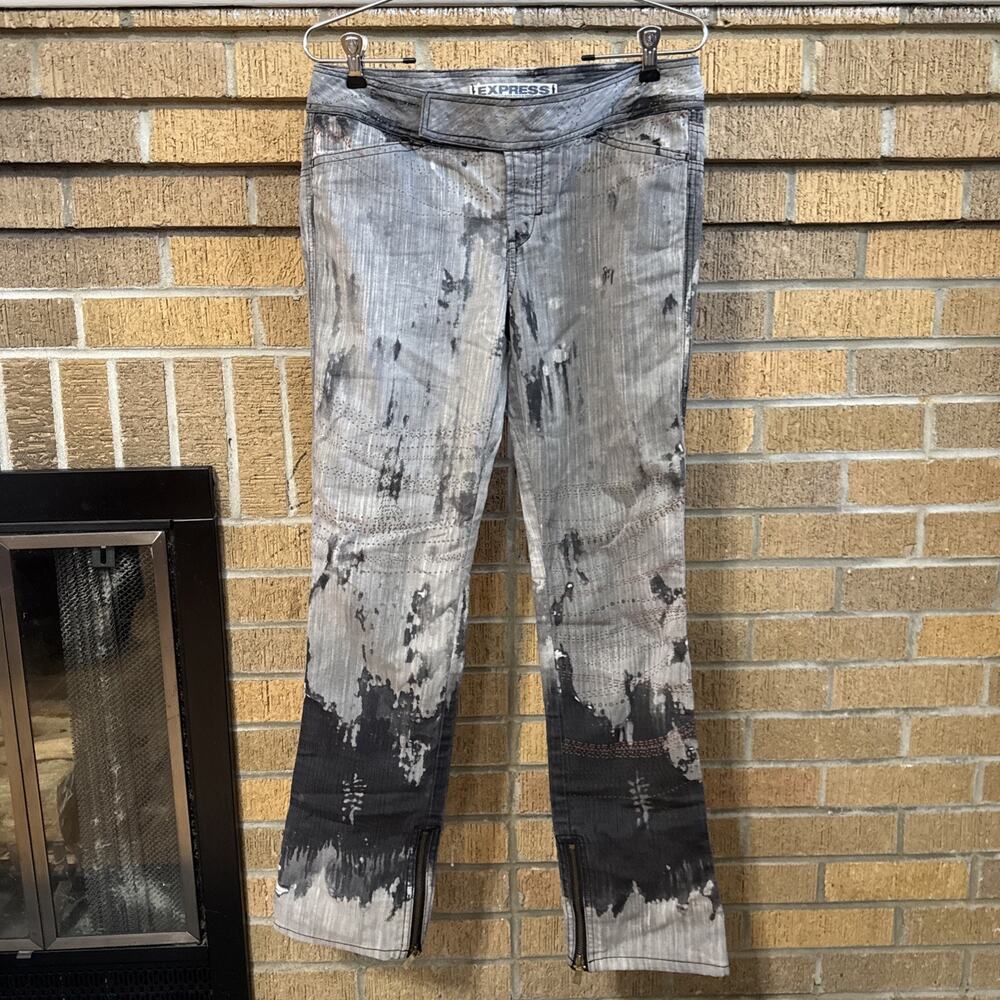 VTG Express Women Sz 8 Splatter Low Rise Jeans Y2K Leg Zipper Grunge Western
